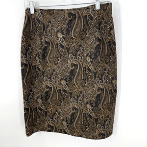 New York & Co Paisley Pencil Skirt Womens 10 Brown Cotton Stretch Made USA